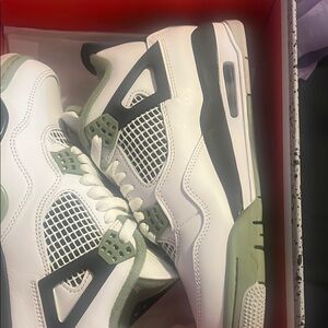 White and Olive Athletic Sneakers. Retro Jordan 4
